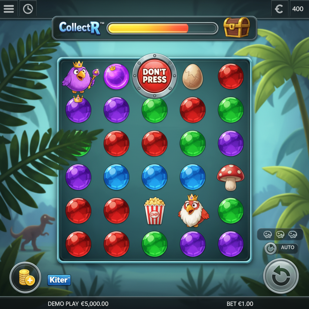 PIROTS 2 slot game main screen showing four collecting birds on 6x6 grid in prehistoric jungle setting with amber gems and progress bar