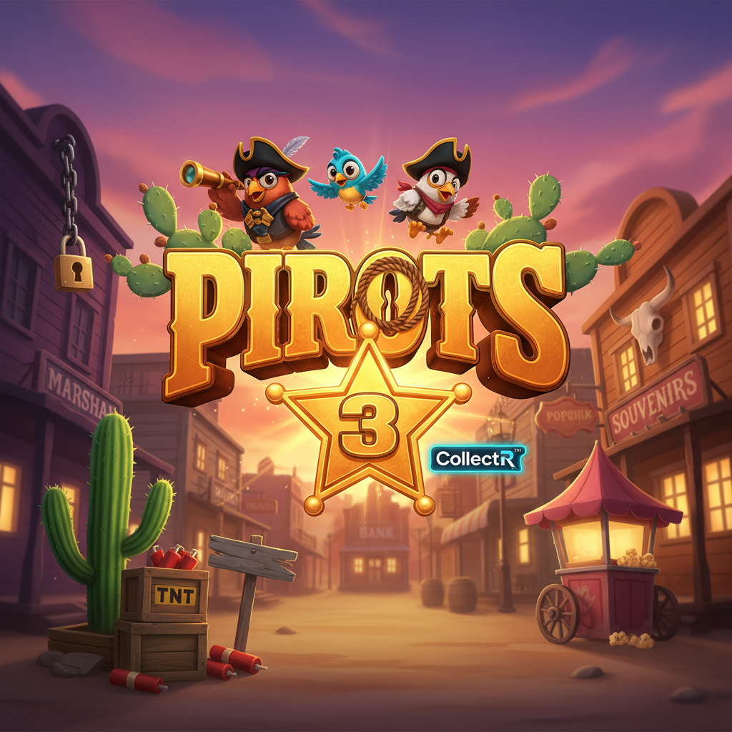 PIROTS 3 slot machine - western themed game with bird bandit characters, golden sheriff star badge with number 3, TNT crates, desert cacti, and sunset town background featuring Marshal and Bank buildings