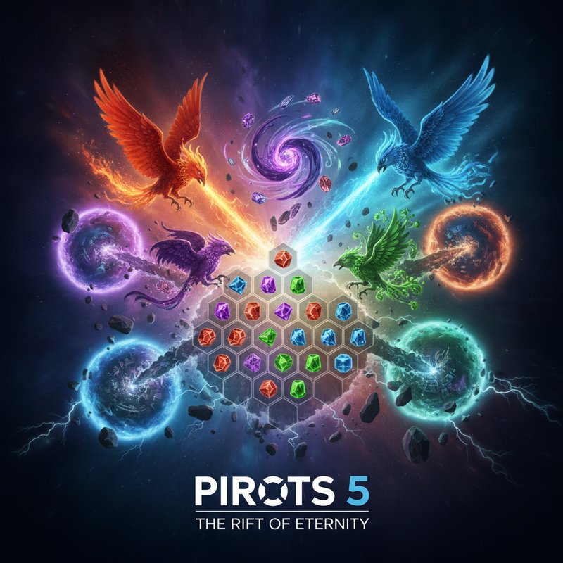 Pirots 5 The Rift of Eternity - cztery kosmiczne ptaki (czerwony Flame of Future, fioletowy Keeper of Possibilities, zielony Guardian of Life, niebieski Master of Time) walczące w rozpadającej się rzeczywistości z portalami wymiarowymi, kryształami ewolucyjnymi i burzami czasoprzestrzennymi na siatce gry 11x11