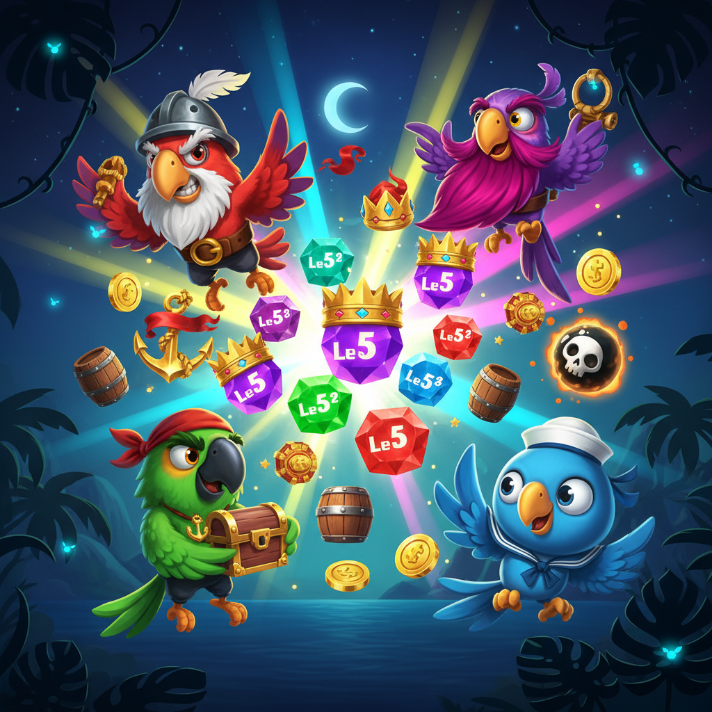 Pirots slot machine featuring four colorful pirate parrots - red warrior with helmet, green captain with medallion, purple wizard with beard, and blue sailor - surrounded by glowing crystals, golden anchors, rum barrels and tropical island background