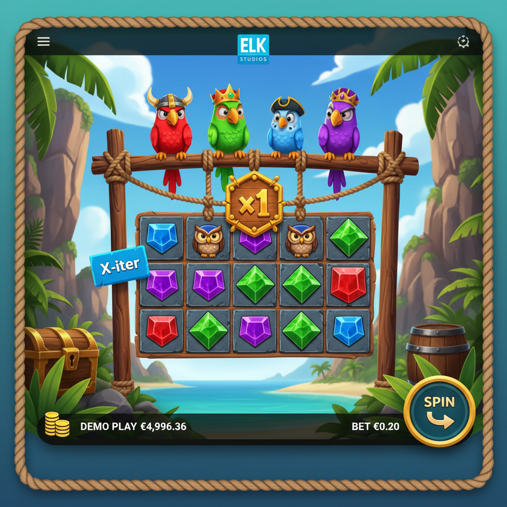 Pirots X slot game od ELK Studios przedstawiający cztery kolorowe papugi piratów z złotymi hełmami i koronami siedzące nad drewnianą ramą siatki gry na tropikalnej wyspie z turkusowymi wodami i bujną zieloną roślinnością